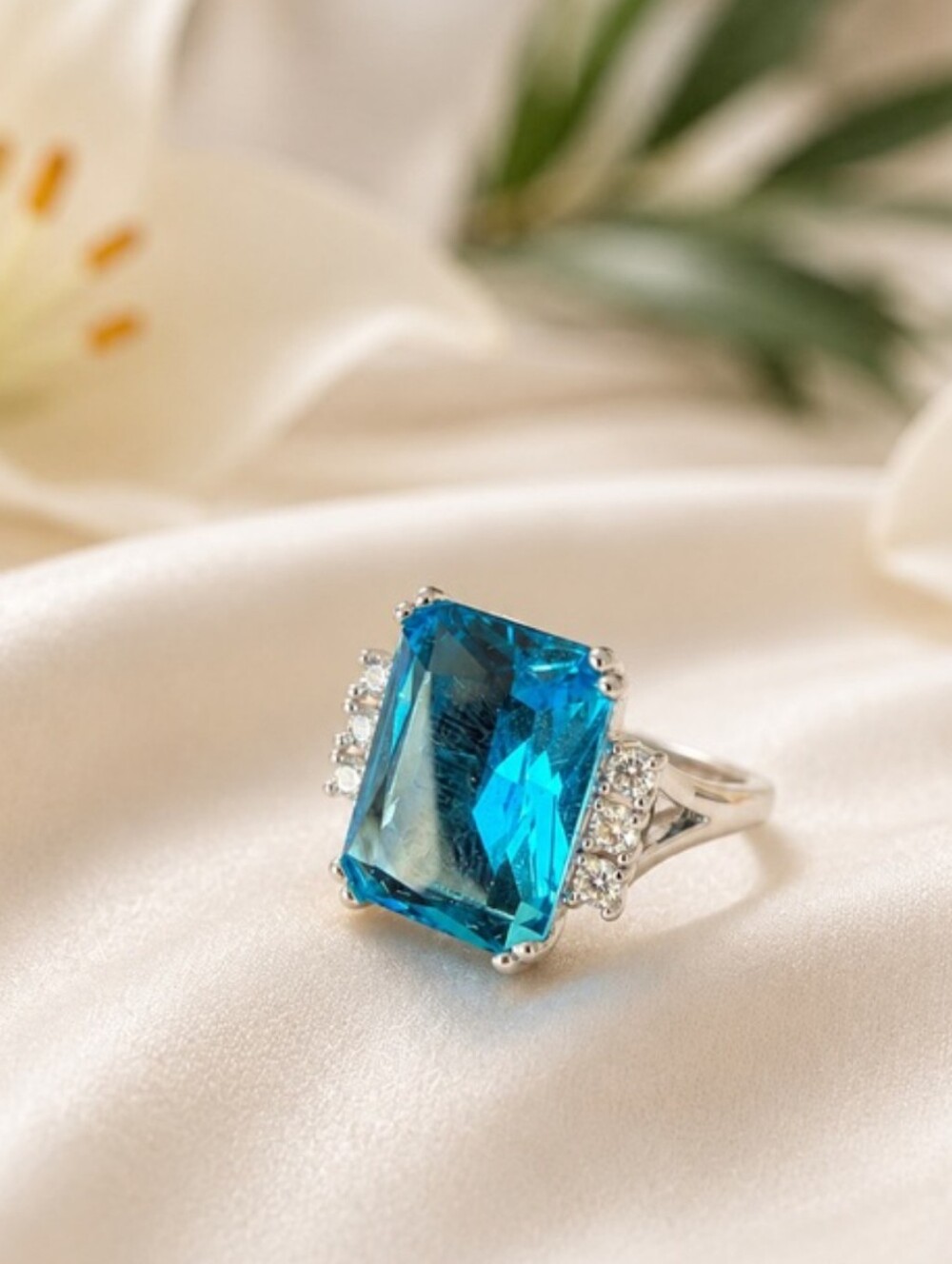 Blue Emerald-Cut Silver Fashion Ring with Accent Rhinestones